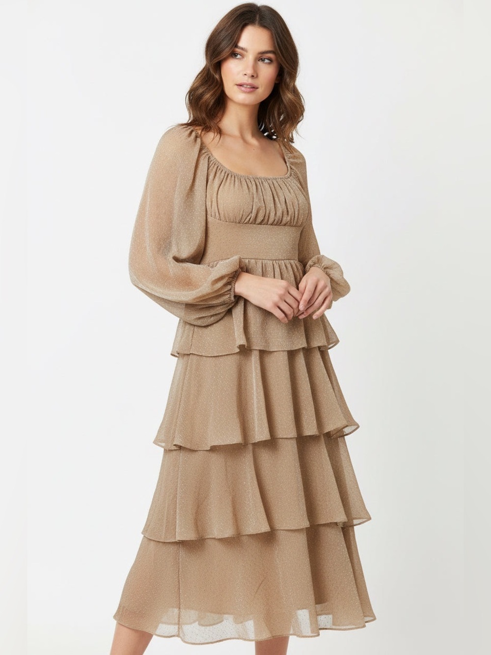 Blu Pepper Mocha Tiered Long Sleeve Maxi Dress